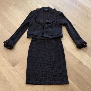 St. John Black Tweed Pencil Skirt with Matching Cropped Jacket